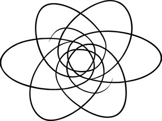 Minimalist black atom symbol isolated on a white background featuring a modern 3d technology style vector illustration with clean circular lines and a geometric pattern for web design decoration.