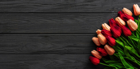 Fresh Tulips flowers background, banner, flyer. Floral poster card frame typography design photo. Template for advertising, social media, web with space for text