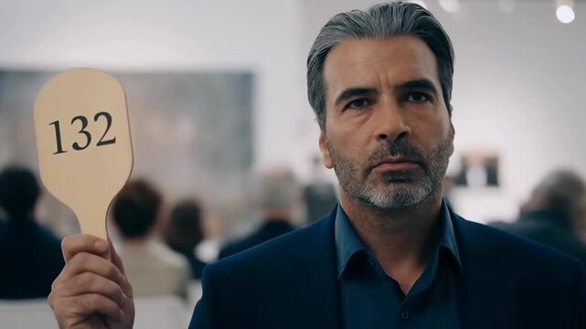 Confident bidder raises auction paddle signaling intent at art auction event