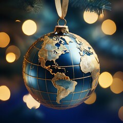 Collection of photos featuring luxury gold and blue Christmas globe ornaments with world map design, sparkling holiday lights, elegant tree decor, festive interiors, and premium seasonal styling.