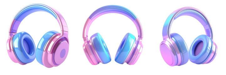 Collection Of Three Colorful Headphones With Gradient Blue And Pink Tones Against Transparent Background