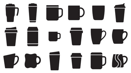 Large collection of black coffee mug and travel cup silhouettes in various shapes and sizes, presented as a minimalist vector icon set for graphic design and beverage concepts