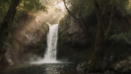 Peaceful Waterfall Scene with Light Rays in a Dark Forest.