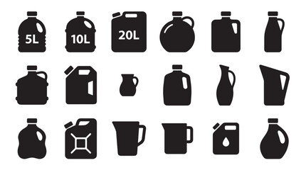 Fototapeta na wymiar Collection of black silhouette icons depicting various liquid containers, including plastic bottles, canisters, jugs, and pitchers, presented in a clean graphic vector illustration style