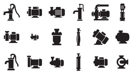 Set of black water pump icons showing various types of electric and manual equipment for plumbing and irrigation systems in a flat silhouette vector style collection © Mr. Stocker