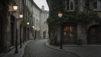 Enchanting European Street Scene with Cobblestone and Vintage Charm.