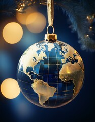Collection of photos featuring luxury gold and blue Christmas globe ornaments with world map design, sparkling holiday lights, elegant tree decor, festive interiors, and premium seasonal styling.