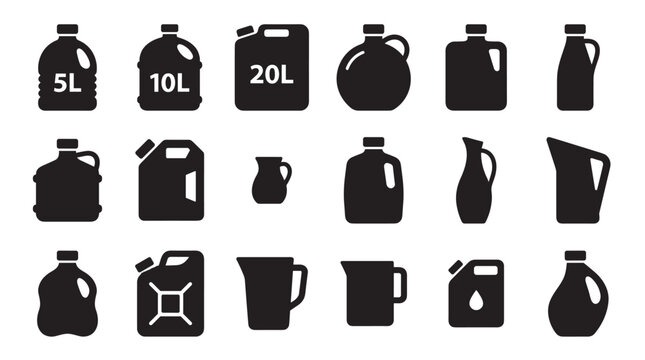 Collection of black silhouette icons depicting various liquid containers, including plastic bottles, canisters, jugs, and pitchers, presented in a clean graphic vector illustration style