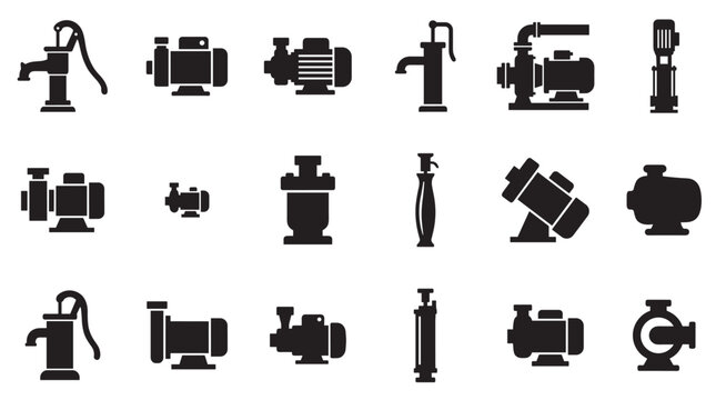 Fototapeta Set of black water pump icons showing various types of electric and manual equipment for plumbing and irrigation systems in a flat silhouette vector style collection