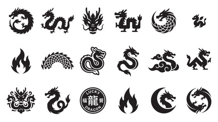 Collection of black dragon icons in various Asian styles, including circular emblems, serpentine creatures, mythical beasts, and flame symbols for graphic design and cultural representation © Mr. Stocker