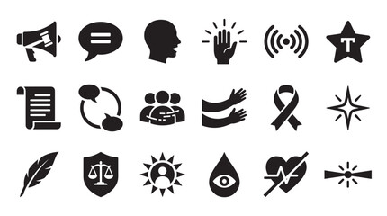 Fototapeta premium Collection of black glyph icons representing human rights, social justice, communication, and community support in a clean, minimalist vector style for various design concepts