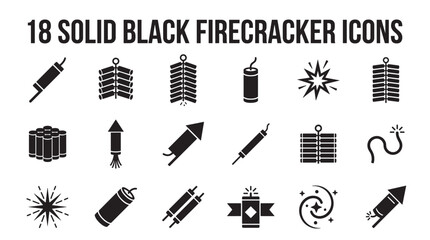 Obraz premium Set of solid black firecracker icons in a simple glyph style, featuring various pyrotechnic elements like rockets, explosives, sparks, and fuses for festive celebrations