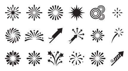 Set of black firework icons showing various celebratory bursts, rockets, and star shapes in a simple, flat graphic vector style for holiday and event design elements