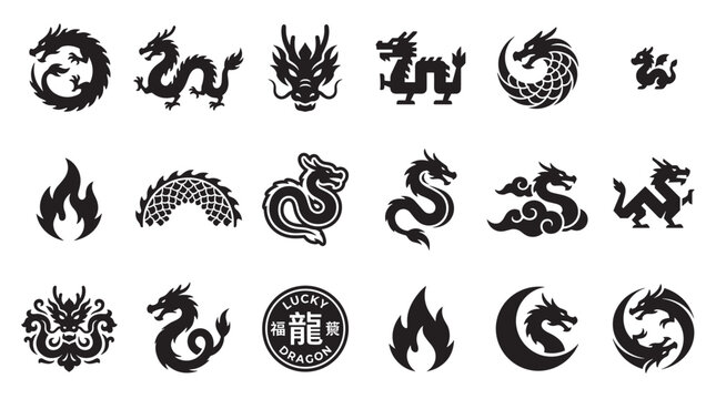 Collection of black dragon icons in various Asian styles, including circular emblems, serpentine creatures, mythical beasts, and flame symbols for graphic design and cultural representation