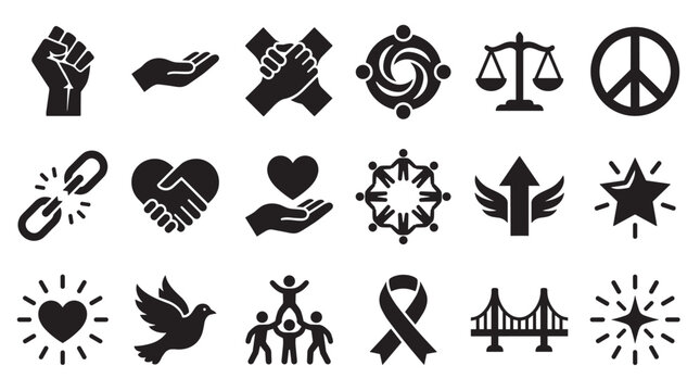 Collection of black glyph icons symbolizing unity, justice, peace, and freedom, including a raised fist, a dove, clasped hands, a broken chain, and an awareness ribbon