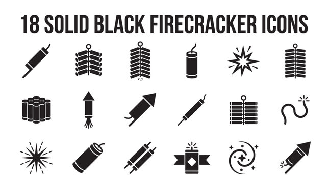 Set of solid black firecracker icons in a simple glyph style, featuring various pyrotechnic elements like rockets, explosives, sparks, and fuses for festive celebrations