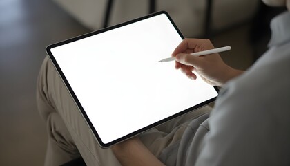 Person using a stylus on a blank tablet screen ideal for mockup and design concepts with a shallow depth of field