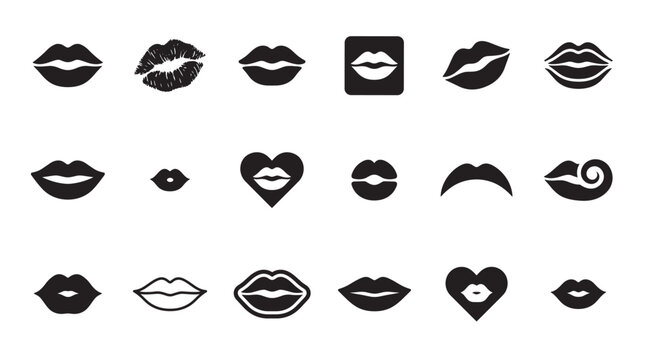 Collection of black lip icons and silhouettes in various graphic styles, including a lipstick kiss print, a heart shape, and simple mouth forms representing love and romance
