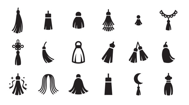 Collection of black tassel icons and decorative fringe silhouettes showing various styles of knots, charms, and hanging ornaments in a minimalist graphic design set
