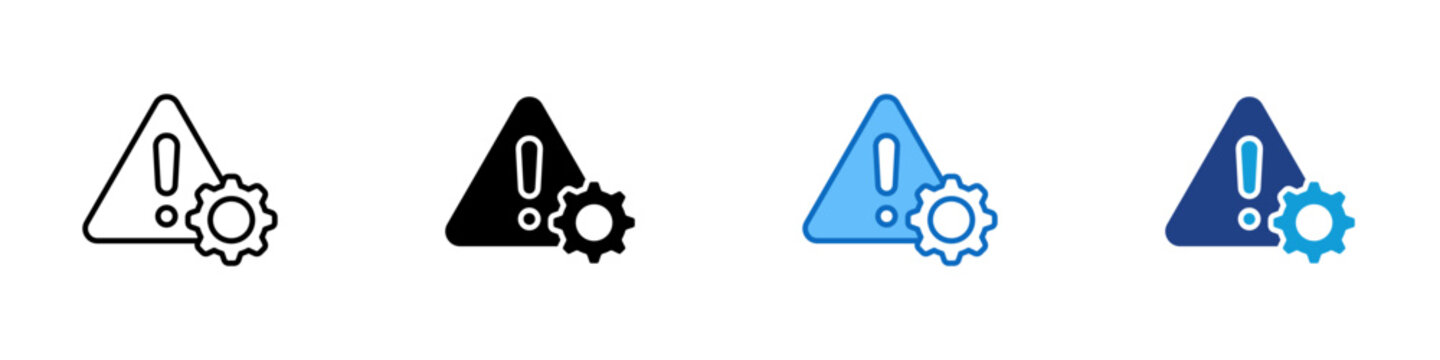 System Alert Multiple Style Icon Design Vector - Warning symbol with gear representing system issues, technical problems, or configuration alerts