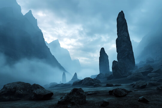 Atmospheric cinematic landscape inspired by Norse mythology, ancient stone structures in foggy mountains, low clouds, cold nordic light, epic silence feeling