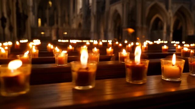 Lit votive candles creating a prayerful ambiance inside an old cathedral by night. Religious offering for spiritual devotion and remembering ancestors concept of prayer, faith, religious devotion 