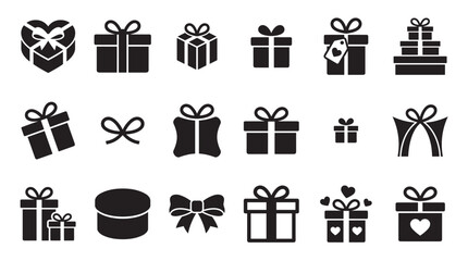 Black silhouette gift box and present icons in a large collection featuring different shapes, sizes, and decorative bows for holiday and celebration design elements