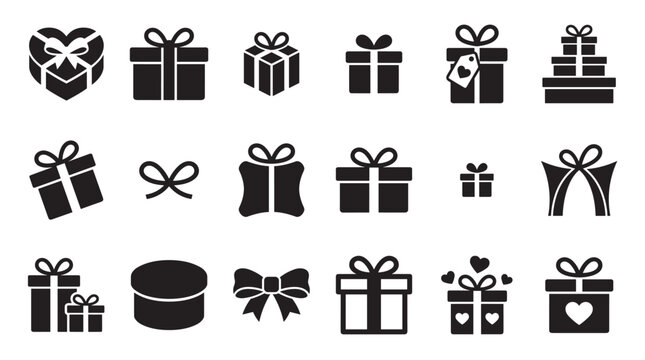 Black silhouette gift box and present icons in a large collection featuring different shapes, sizes, and decorative bows for holiday and celebration design elements