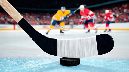 A hockey stick with a white line on it is on a black ice rink. A hockey player is holding the stick and is about to hit a puck