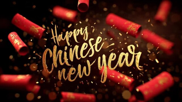Golden Cursive &ldquo;Happy Chinese New Year&rdquo; Text with Red Firecracker Paper Falling from Above on a Soft Bokeh Background, Creating a Festive, Prosperous and Joyful Lunar New Year Celebration with Elegant