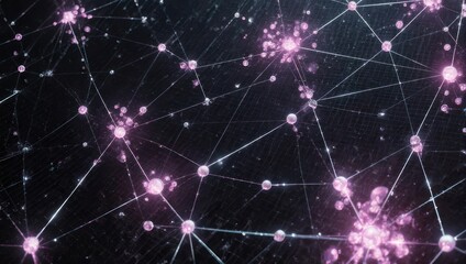 Abstract network of glowing nodes and connected lines representing data flow and technology.