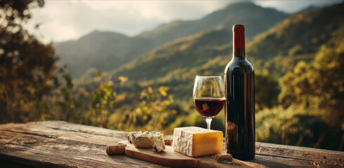 Red wine bottle wine glass cheese wooden table mountain landscape sunset picnic rustic mood red
