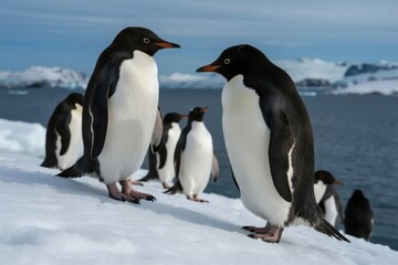 Obraz premium Ad��lie penguins standing on snow near icy waters in Antarctica