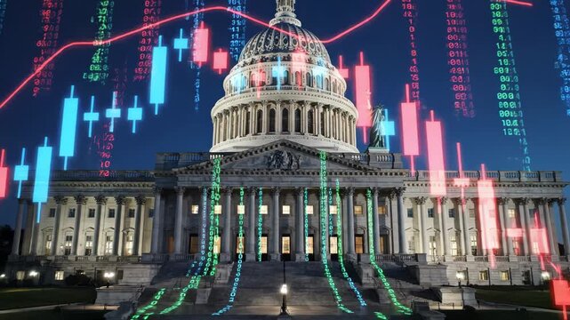 Us capitol building with stock market data and financial graphs overlay at  night 4k video