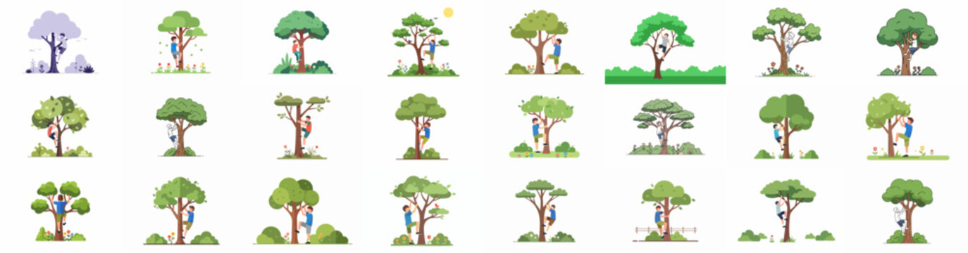 Vector illustration set of boys and men climbing different styles of trees in natural parks, representing nature connection and childhood adventure.