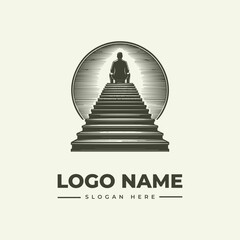 A grayscale illustration of a silhouette sitting on stairs leading to a circle with a logo name and slogan on a plain background, conveying a concept for a brand identity.