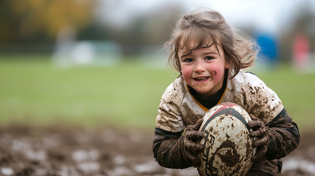 A young girl clutches a muddy ball, her face smeared with dirt. Determination gleams in her eyes as she stands on a field, showcasing resilience and the joy of active play.