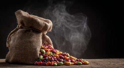 Burlap sack, colorful bean, steam, rustic, food, bag on wooden table