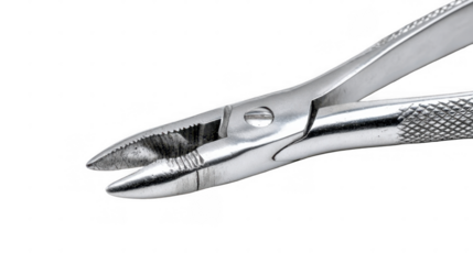 Hand is delicately holding a pair of forceps, poised for precision work against a transparent background, ready for easy integration into various projects