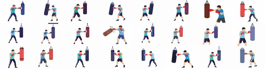 Boxing training illustrations set: Young man practicing punches on a heavy bag, exercising fitness, power, and combat sport skills.