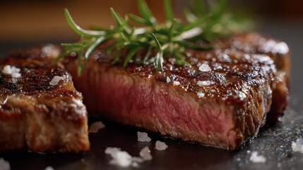 Cast-iron seared ribeye steak sliced with rosy medium-rare center