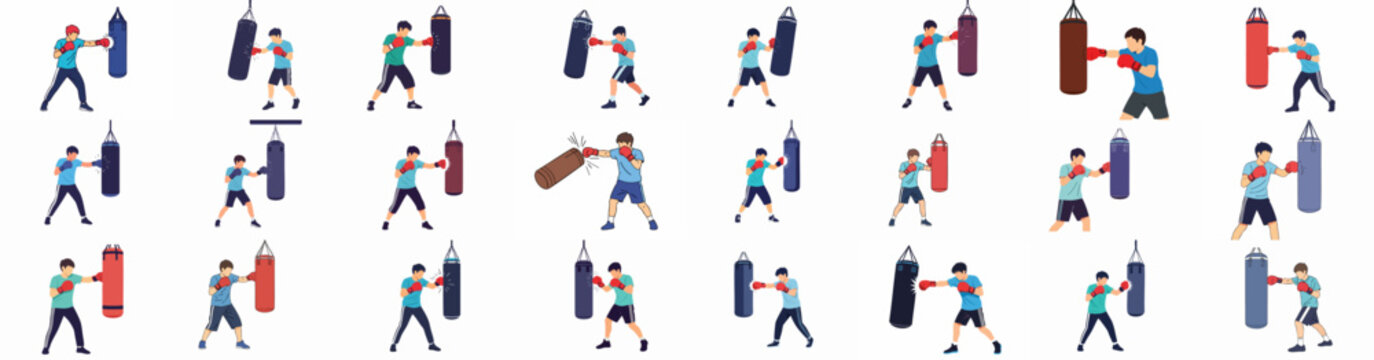 Boxing training illustrations set: Young man practicing punches on a heavy bag, exercising fitness, power, and combat sport skills.