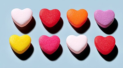 A collection of candy hearts in various hues are arranged in a row. The candy hearts are of different colors, including red, yellow, pink, and purple
