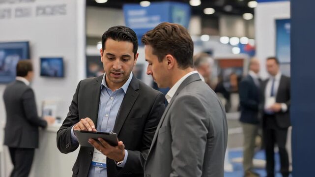 Two businessmen discussing a project on a digital tablet at a trade show. Professionals networking and collaborating at a corporate conference event. B2B sales concept