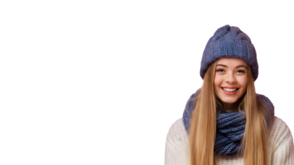 Woman wearing blue knit hat and scarf on transparent background