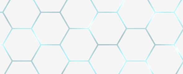 White 3d hexagonal technology vector abstract background. Blue bright energy flashes under hexagon in modern technology futuristic background vector illustration. White honeycomb texture grid.