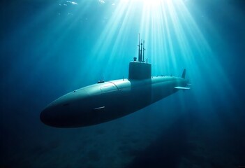 Modern nuclear submarine navigating arctic waters, showcasing military technology, steel vessel, ocean exploration, naval operations, maritime defense, underwater missions, and breathtaking sunrise.