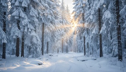 Fototapeta premium Sunlight Through Snowy Forest Path Winter Landscape.