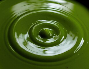 Close up of a vibrant green liquid creating concentric ripples with a central drop and light reflections highlighting a glossy textured surface