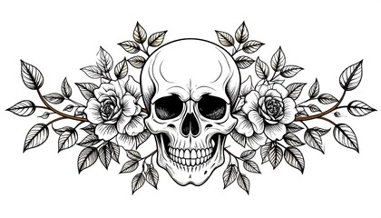 Skull surrounded by roses, leaves, and branches in a sketch style, creating a delicate and gothic illustration